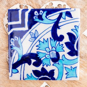 〔10cm×10cm〕ブルーポッタリー ジャイプール陶器の正方形デコレーションタイル 円と青花