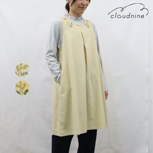 ミモザ刺繍エプロンワンピース 綿麻 後ろリボン レイヤード風 ギャザータック ノースリーブワンピース