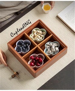 【定番商品】 激安セール 中国式茶菓子皿 ドライフルーツ皿 木製トレイ+皿3枚 菓子皿 ギャザリング セット