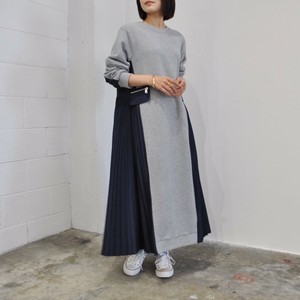 【SALE】異素材切替裏起毛サイドプリーツOP（グレー・ブラック）ワンピース　ロング　秋冬