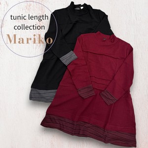 <2025秋物新作>フクレピンタック入りボーダー切替長袖Tシャツ　チュニック丈　2025秋物人気　真里子の詩