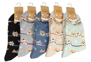 【日本製クルー】　カラフルボーダーに柴犬と猫