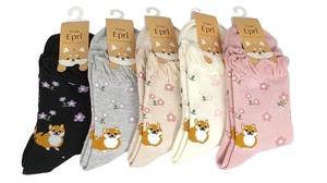 【日本製クルー】　かかと柴犬と花柄メッシュ