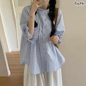 5分袖シャツ 薄手 袖フリル ギャザー ライトブルー 夏 【2025新作】EH1651