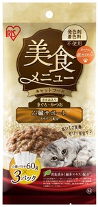 【ペット】【猫用　介護食　パウチ　着色料不使用】美食メニュー　まぐろ・かつお　ささみ入り60g×3P