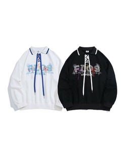 【HOOK -original-】 古着風フリンジ刺繍編み上げポロ襟スウェット メンズ スウェット ユニセックス