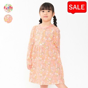 小花柄長袖ワンピース  M24301  本体綿100％ ウエスト切替ギャザーでゴム入り リボンモチーフ 着脱簡単