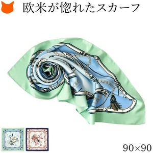スカーフ シルク 日本製 大判 馬具 楽器 チェーン ツイル シルクスカーフ ネイビー グリーン 横浜スカーフ