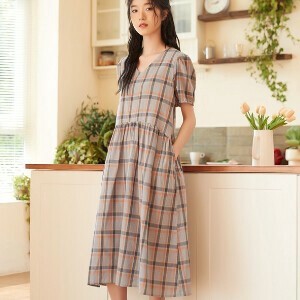 [SD Gathering] Casual Dress Waist Check Short Sleeve Gathered Dress 100% Cotton