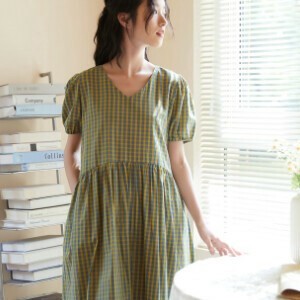 [SD Gathering] Casual Dress Waist Check Short Sleeve Gathered Dress 100% Cotton