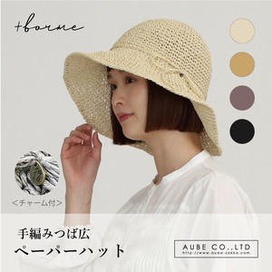 【春夏】手編みつば広 ペーパーハット  紫外線　夏帽子　おしゃれ　ナチュラル　レディース　UVカット