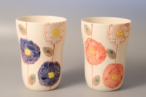 花かざりハイカップ（青）と（赤）のペアセット 日本製 ビアグラス
