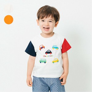 車アップリケプリント半袖Tシャツ　M34805　本体綿100%、可愛い、カラフル、袖配色