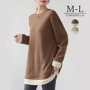 【M-L】ワッフル生地のロング丈長袖カットソー。