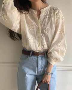 Button Shirt/Blouse Flower Gathered Blouse