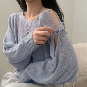 【特価】リボンオープンショルダー透かし編みクロップドニット