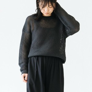 【レディース】麻綿ニット - クルーネックメッシュ長袖プルオーバー