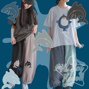 サメ ワッペン付 バイカラー ゆるだぼパンツ レディース メンズ