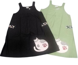綿100％ 猫手書きプリント ロングベスト　ワンピース　キャミソールワンピース ネコ　猫
