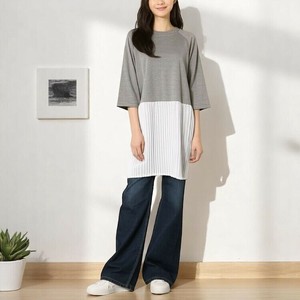 【春物タイムセール】裾プリーツ切り替え　七分袖チュニック