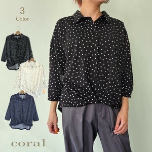 【SALE】晩夏から秋へ ドット柄 スキッパー カットソー 七分袖
