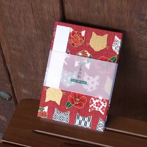 御朱印帳（納経帳）　椿と和柄猫顔（朱色） 蛇腹