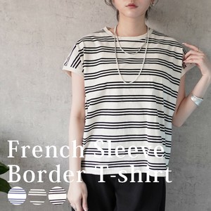 ボーダーフレンチスリーブTシャツ プルオーバー 3ライン 半袖 トップス 2025春夏新作
