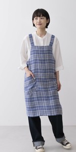 【ウェーブ】チェックリネンバッククロスエプロン　ブルー