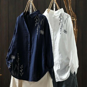 リーフ刺繡入りコットンシャツ・ブラウス「新作」