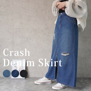 【Whole SALE】クラッシュダメージデニムスカート スリットロングスカート 2025春夏【即納】