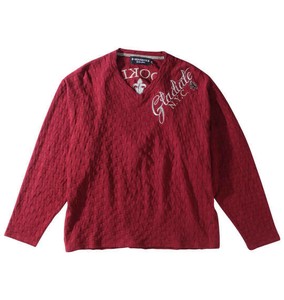 GLADIATE ビッグサイズ メンズ 刺繍ブロックジャガード長袖VネックTシャツ バーガンディ  3L 5L 6L