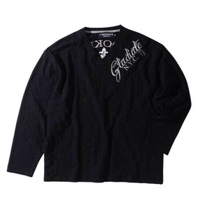 GLADIATE ビッグサイズ メンズ 刺繍ブロックジャガード長袖VネックTシャツ ブラック  4L 5L 6L