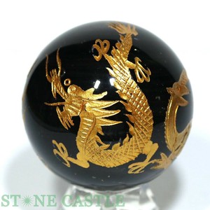 ☆一点物☆【彫刻置物】丸玉 シルバーオブシディアン 四神獣 (金彫り) 約54mm No.12 【パワーストーン】