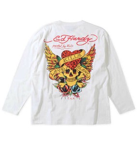 Ed Hardy ビッグサイズ メンズ 天竺プリント長袖Tシャツ オフホワイト  3L 4L 5L