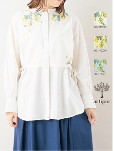 ミモザ刺繍コットンリネン　ロングシャツ（3カラー）【インド綿】