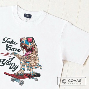 ユニセックス・プリントTシャツ　"恐竜スケーター"　ホワイト　半袖 Tシャツ