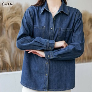 【現品20％オフ】 長袖デニムシャツ  レトロカジュアル ブルー 春 秋 【2025新作】ZEH049