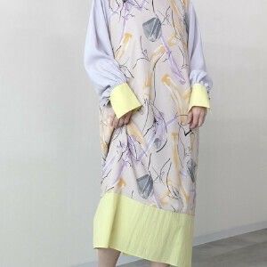アート柄プリント配色ワンピース