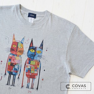 ユニセックス・プリントTシャツ　"ブラザーキャッツ"　杢グレー　半袖 Tシャツ
