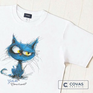 ユニセックス・プリントTシャツ　"ブルーな猫"　ホワイト　半袖 Tシャツ