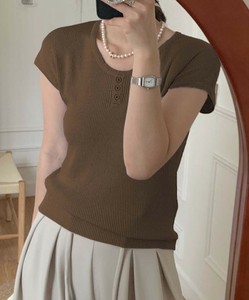 【BANICO】フレンチスリーブヘンリーリブTシャツ レディース トップス リブ ボタン