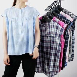 Button Shirt/Blouse Check Pattern Sleeve Gathered Blouse Sleeveless Summer 100% Cotton