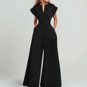 Full-Length Pant Ladies fashion V-Neck Short Sleeve Wide Pants