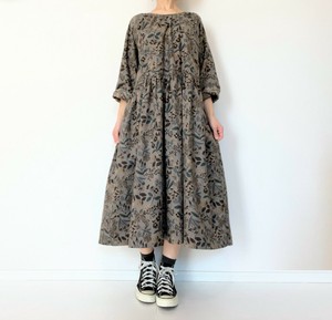 【handmade】Floral long sleeve dress　cotton  made in japan　gray