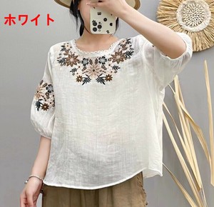 Button Shirt/Blouse Ladies fashion Round Neck Short Sleeve