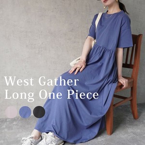 ウエストギャザー半袖ロングワンピース フレアワンピース Tシャツ 2025春夏新作【即納】
