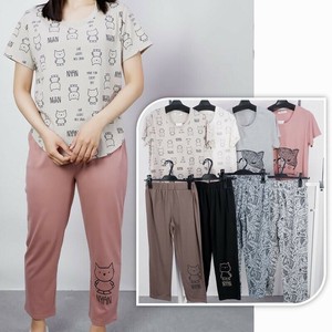 Tシャツ8分丈ワイドパンツ 上下セット　2柄 　猫　セットアップ  ルームウェア　パジャマ