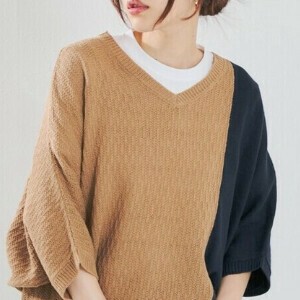 編み柄切り替えニット ドルマンニット 6分袖ニット 春ニット 24931