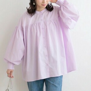 Button Shirt/Blouse Shirtwaist Band Collar Blouse A-Line Puff Sleeve
