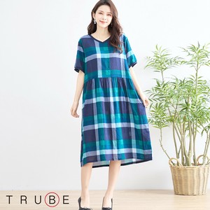 Casual Dress Check Pattern V-Neck Cotton [2025 NEW]